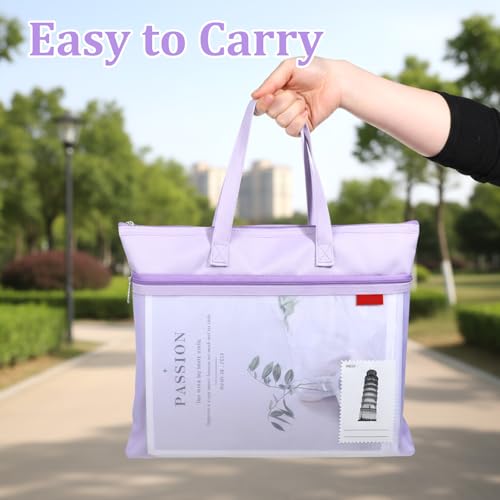 Large Zipper Pouch with Handle, 11 x 13.7 in Mesh Zipper Pouch Waterproof Double Pocket Organizer Bag, A4 Size Foldable File Storage for Documents Travel Art Supplies Office Use (Purple)