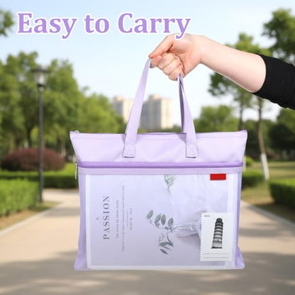 Large Zipper Pouch with Handle, 11 x 13.7 in Mesh Zipper Pouch Waterproof Double Pocket Organizer Bag, A4 Size Foldable File Storage for Documents Travel Art Supplies Office Use (Purple)