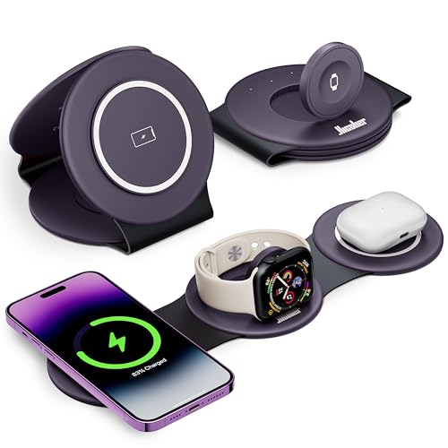 Hicober 3 in 1 Charging Station for Apple Multiple Devices, Foldable Travel Wireless Charger 18W for iPhone Air 17 16 15 14 13 Pro Max Plus &Apple Watch Series/Airpods Purple - color: Purple