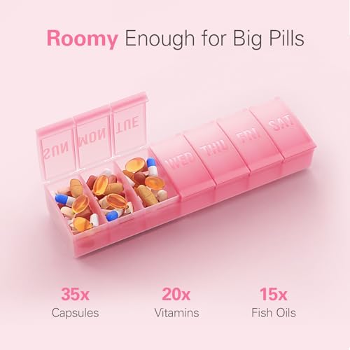 Barhon Large Weekly Pill Organizer, Big Vitamin Organizer Case for 7 Day, Travel Medicine Pill Box to Hold Various Supplements and Fish Oil, Beige - color: Beige