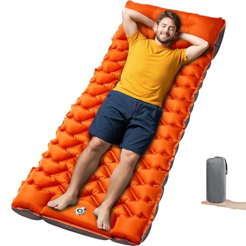 4-Inch Thick Camping Sleeping Pad with Foot Pump & Pillow, Inflatable Sleeping Mat for Side Sleepers, Stays Firm Overnight, Ultralight for Backpacking, Music Festivals & Car Camping - color: Orange+gray