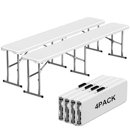 4 Pack 6ft Folding Bench, Plastic Folding Bench for Picnic Camping Dining Party Garden, 6 feet Foldable Benches for Soccer Multipurpose Entertaining Activities, Smooth HDPE Tabletop, White - color: White, size: 4 Folding Bench