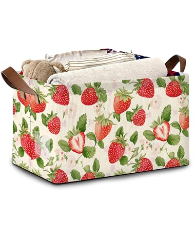 Strawberry Storage Baskets,Leaves Foldable Large Capacity Organizer Bins with Waterproof Lining and Leather Handles for Closet,Shelf,Bedroom 17x11.5x10Inch - color: Strawberry Leaves