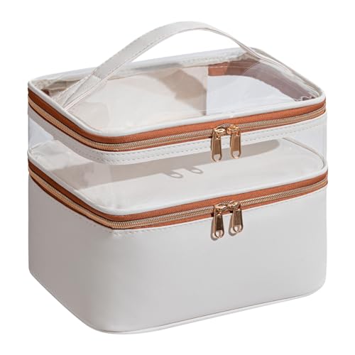 Large Makeup Bag with Brush Storage, Double Layer Cosmetic Bags for Women Girls, Waterproof Leather Toiletry Bag for Women, Travel Makeup Bag Skincare Bag with Zipper & Portable Handle - color: Beige, style: Double-layer