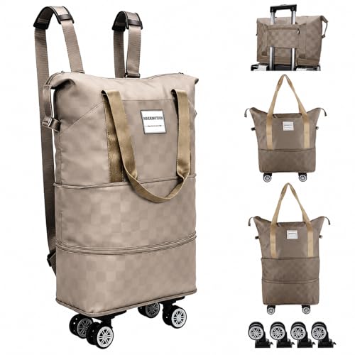 Expandable Rolling Duffle Bag - Large Carry-On With Spinner Wheels, Foldable Weekend Travel Bag, 28-58L Capacity（BackpackKhaki Checkboard） - color: Backpack-Khaki Checkboard, style: Backpack