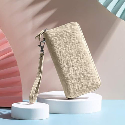 Moflycom Womens Wallet RFID Blocking Genuine Leather Zip Around Wallet Clutch Wristlet Travel Long Purse for Women - color: Y1-Beige