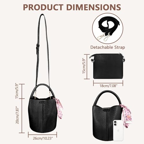 Vegan Leather Bucket Bag for Women Crossbody Bucket Purse with Removable Fashion Bucket Handbag - color: Black