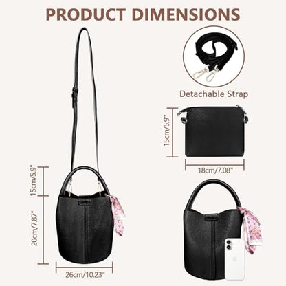 Vegan Leather Bucket Bag for Women Crossbody Bucket Purse with Removable Fashion Bucket Handbag - color: Black