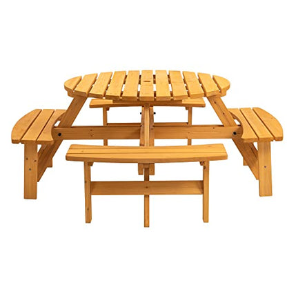 Round 8 Person Wooden Picnic Table Sets Outdoor Camping Dining Table with Seat Garden DIY w/4 Built-in Benches 2220lb Capacity - Natural - color: Natural-8-round
