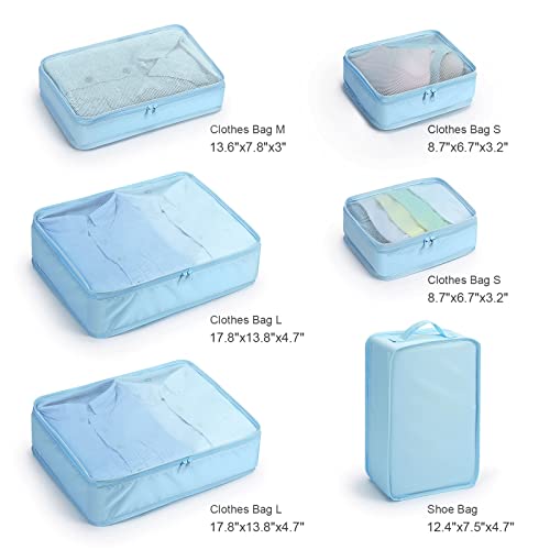 Mossio 6 Set Packing Cubes with Shoe Bag - Lightweight Travel Luggage Suitcase Organizers - color: Sky Blue