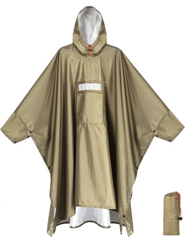 ANYOO Hooded Rain Poncho for Adults Waterproof Lightweight Rain Coat for Men Women Reusable Rain Jacket for Emergency Outdoor - color: Khaki