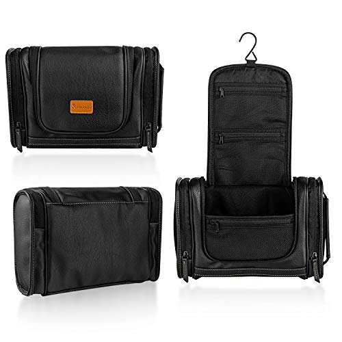 MIRASON Travel Toiletry Bag, Hanging Toiletry Bag for Men, Leather Travel Shower Bag for Toiletries Dopp Kit Bathroom Bag with Metal Hook Gift for Men (Black) - color: Black