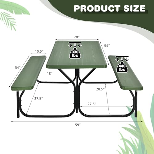 S AFSTAR Picnic Table Bench Set, 59” Expanded Rectangular Picnic Table, Outdoor Table and Bench W/Steel Frame & Wood-Like Texture Tabletop, Camping Table Chair Set for Garden Patio Lawn Deck (Green) - color: Green