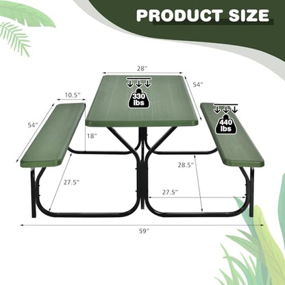 S AFSTAR Picnic Table Bench Set, 59” Expanded Rectangular Picnic Table, Outdoor Table and Bench W/Steel Frame & Wood-Like Texture Tabletop, Camping Table Chair Set for Garden Patio Lawn Deck (Green) - color: Green