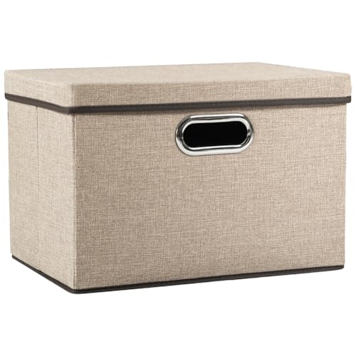 PRANDOM Collapsible Storage Cubes with Lids [1-Pack] Jute Fabric Foldable Storage Boxes Organizer Containers Baskets Bins with Cover for Home Bedroom Closet Office Nursery (14.9x9.8x9.8) - color: Khaki, size: M(1-Pack)
