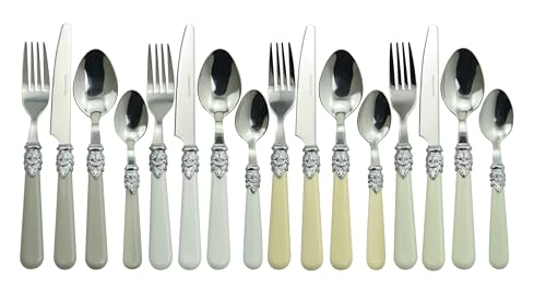 The Original Brink House Baroque Bone Mix & Match Stainless Steel Cutlery Set with Assorted Handles / 16 pieces with Metal Stand/Lifestyle utensils set for home, first apartment, dorm, fine dining - color: Baroque Bone Assorted