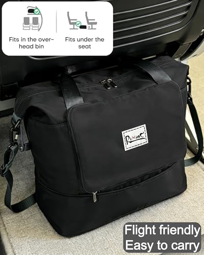 Foldable Travel Duffel Bag for Women, Black, Nylon | 40L Expandable, Carry on Bag Personal Item Flight Approved, Lightweight Water Resistant, Overnight Weekender Bag - color: Black