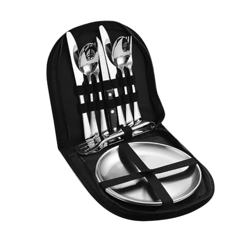 Outdoor Camping Silverware Set Flatware Organizer Cutlery Picnic Set Stainless Steel Includes Forks, Spoons, Knives, Chopsticks, Food Holders, Plates - Portable Flatware Bags