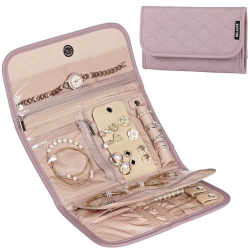 BELALIFE Travel Jewelry Case Organizer, Foldable Storage Roll for Earrings, Necklaces, Rings, Bracelets, Brooches, Peach Pink - color: Peach-Pink, size: Medium