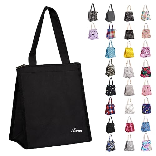 iknoe Insulated Lunch Bag for Women & Adults, 9L Foldable Wide-Open Cooler Bag with Pockets, Leakproof & Portable, for Picnic, Office, Beach(Plain Black) - color: plain black, size: Zipper Closure