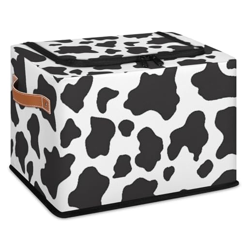 Cow Print Pattern Storage Bins With Zipper Lid, Collapsible Trunk Organizer, Car Organizers and Storage Bins with Lids, Decorative Storage Boxes with Handle, Home Storage Baskets for Organizing - color: Cow Printing Pattern