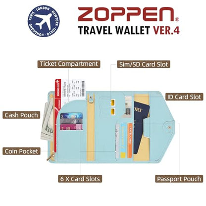 ZOPPEN Mulit-purpose Rfid Blocking Passport Holder Travel Wallet (Ver.4) Passport and Vaccine Card Holder ComboTri-fold Document Organizer Travel Essentials - color: #23 Paradise Blue