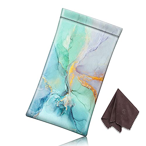 [2 Pack] Fintie Eyeglasses Pouch with Cleaning Cloth, Portable Squeeze Top Leather Glasses Case Sunglasses Bag, Emerald Marble + Blooming Hibiscus - color: Emerald Marble + Blooming Hibiscus