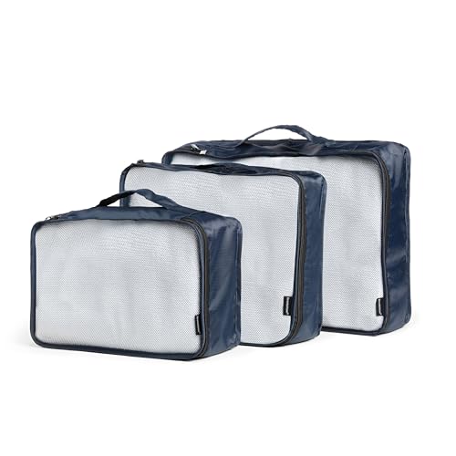Brookstone 4-Piece Packing Cube Set Apparel Luggage Organizer and Shoe Bag, Travel Essentials, Navy