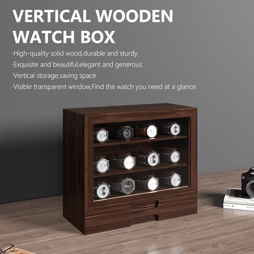 AUTOARK Wooden Watch Sunglass Display Case,12 Watch Box with Jewelry Drawer,Watch Eyeglass Holder with Window,Vertical Storage,Gift Idea,Walnut,AW-185 - color: Walnut