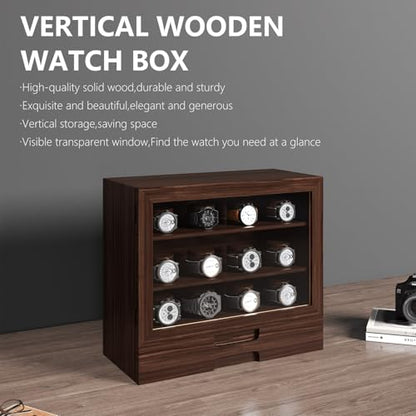 AUTOARK Wooden Watch Sunglass Display Case,12 Watch Box with Jewelry Drawer,Watch Eyeglass Holder with Window,Vertical Storage,Gift Idea,Walnut,AW-185 - color: Walnut