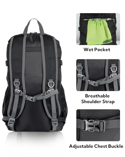 WATERFLY Lightweight Packable Hiking Backpack: 30L Foldable Travel Daypack Ultralight Camping Day Pack for Woman Man - color: Blue & Black