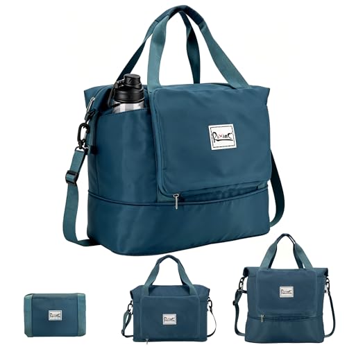Foldable Travel Duffel Bag for Women, 40L Expandable Carry on Bag Personal Item Flight Approved, Overnight Weekender Bag with Wet Pocket for Gym Travel, Water-Resistant Nylon, Peacock Blue - color: Peacock Blue