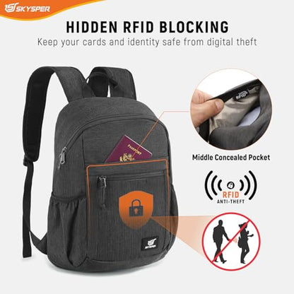 SKYSPER Anti Theft Hiking Backpack, 18L RFID Packable Travel Daypack, Lightweight Foldable Back Pack for Walking Daytrip - color: Black