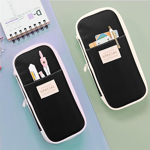 MAMUNU Expandable Pencil case with compartments, Large Capacity Pencil Cases Pencil Bag Pouch Office School, Portable Pencil Case Large School Stationery Organizer, Makeup Cosmetic Bag (Black) - color: Black