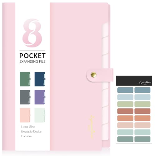 Sooez Elegant Accordion File Organizer with Labels, 8 Pocket Expanding File Folder, Portable Folders for Documents, Cute Paper Organizer for School Office Supplies, Letter Size, Blush - color: Blush