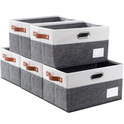 PRANDOM Larger Foldable Storage Bins with Handles [5-Pack] Fabric Collapsible Storage Boxes Baskets Cubes Containers with Handles for Closet Living Room Bedroom (Grey & White 17.3x12.2x10.4') - color: Grey & Cream, size: Jumbo(5-Pack)