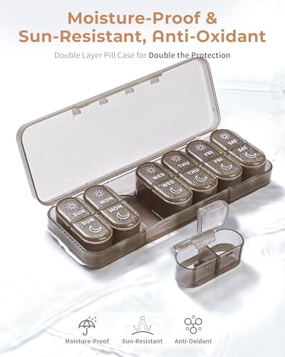 Pillex Weekly Pill Organizer 2 Times a Day, 7-Day AM PM Pill Box, Travel Pill Case, Medicine Pill Organizer for Fish Oils, Vitamins & Supplements - color: Brown