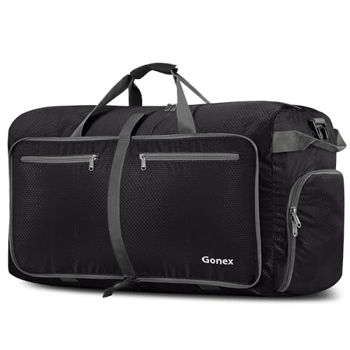 Gonex Large Foldable Travel Duffle Bag with Shoes Compartment, Packable Lightweight Water Repellent Duffel Bag for Camping Gym Weekender Bag - color: Black, size: 80L