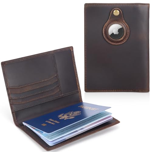 Polare Slim RFID Blocking Leather Passport Holder Travel Bifold Wallet For Men (Dark Brown with AirTag Slot) - color: Dark Brown with AirTag Slot-A