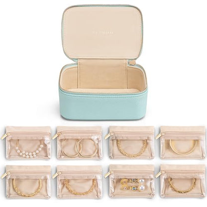 VLANDO Jewelry Travel Case,Travel Jewelry Organizer with Clear Velvet Jewelry Bags 8Pcs Zipper Pouch for Women Girl Gift-Lake Blue - color: C.8PCS Lake Blue
