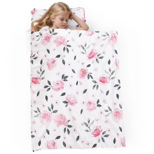 PHF Soft Toddler Nap Mat with Removable Pillow, Rollup Design Kids Sleeping Mat, Slumber Bags for Girls, 50"x20" Toddler Sleeping Bag for Daycare Preschool Travel Camping, Pink Floral - color: Floral