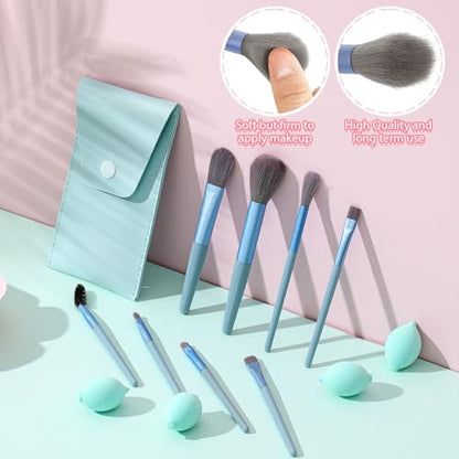 SiliFine 20 Pcs Travel Makeup Brush Set, 10 Mini Travel Brush Set with Bag and 10 Makeup Sponge Princess Party Favor Valentine's Day Gift for Women Home Party(Blue) - color: Blue