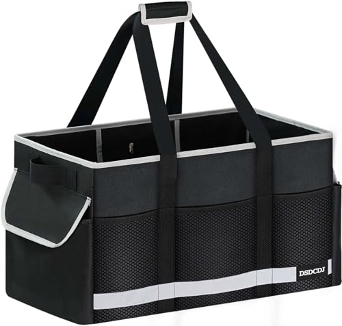 Upgrade Extra Large Utility Tote Bag with Reflective Strip, Standing Reusable Grocery Bags with Hard Bottom & 4 Sided Reinforced, Collapsible Utility Tote with Handles for Shopping, Beach, Car | Upgrade - color: Black