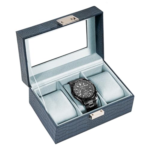 ProCase Watch Box, 3 Slot Mens Watch Case, Watch Storage Holder Organizer, Watch Display Case with Glass Lid, Anniversary Birthday Valentine Gifts for Men Women -3 Slot, CrocCobaltBlue - color: CrocCobaltBlue, size: 3-Slot