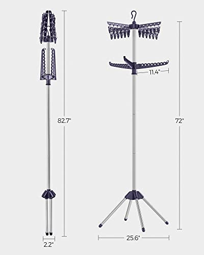 SONGMICS 2-Tier Clothes Drying Rack, 72-Inch Folding Laundry Drying Rack with 3 Rotatable Arms for Hangers, 24 Clips, Stainless Steel, for 27 Pieces of Clothes, Blue and Silver ULLR512Q01 - color: Blue + Silver, style: 2-Tier-Clip