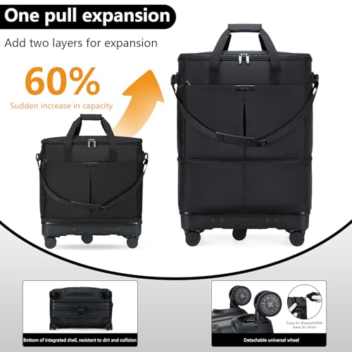Large Capacity Rolling Duffle Bag with Detachable Wheels,Expandable Foldable Suitcase for Travel,Collapsible Luggage Duffel Overnight Weekend Bags without Telescoping Handle - color: Black