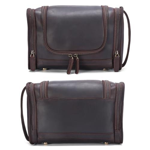Polare Full Grain Leather Toiletry Bag Travel Dopp Kit Makeup Cosmetic Organizer Shaving Kit Wash Case with Hanging Hook