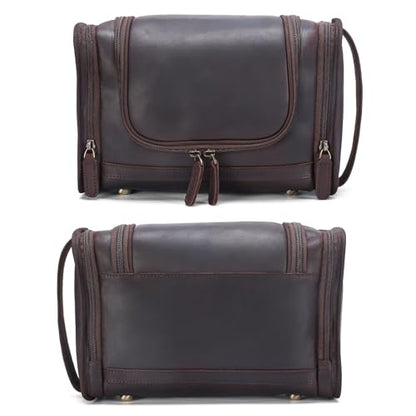 Polare Full Grain Leather Toiletry Bag Travel Dopp Kit Makeup Cosmetic Organizer Shaving Kit Wash Case with Hanging Hook
