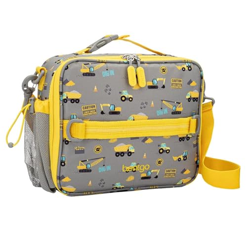 Bentgo Kids Lunch Bag - Durable, Double-Insulated Lunch Bag for Kids 3+; Holds Lunch Box, Water Bottle, & Snacks; Easy-Clean Water-Resistant Fabric & Multiple Zippered Pockets (Construction Trucks) - color: Construction Trucks