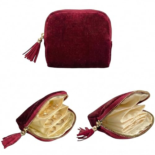 5.3" x 4.7" Small Travel Jewelry Case, Velvet Pouch with Tassel Zipper, Portable Organizer for Rings Earrings, Anti-Scratch Storage for Travel & Daily Use (Burgundy Red) - color: Burgundy Red